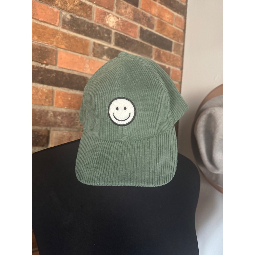 David and Young Corduroy Baseball Cap Green Smiley Face Adjustable‎ Strap